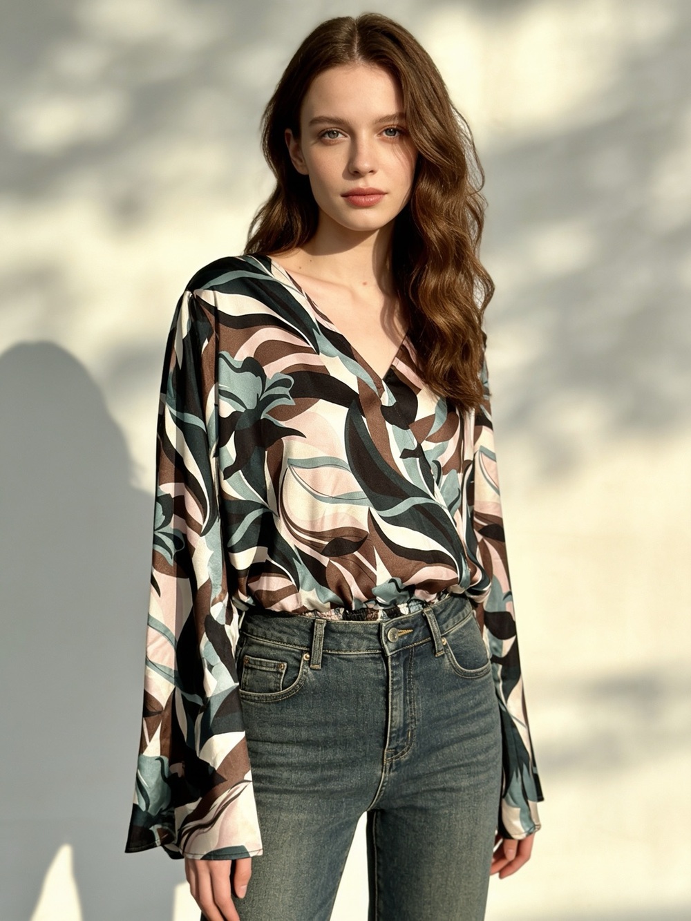 Pleione Abstract Print Surplice Bell Sleeve Smocked Blouse XL